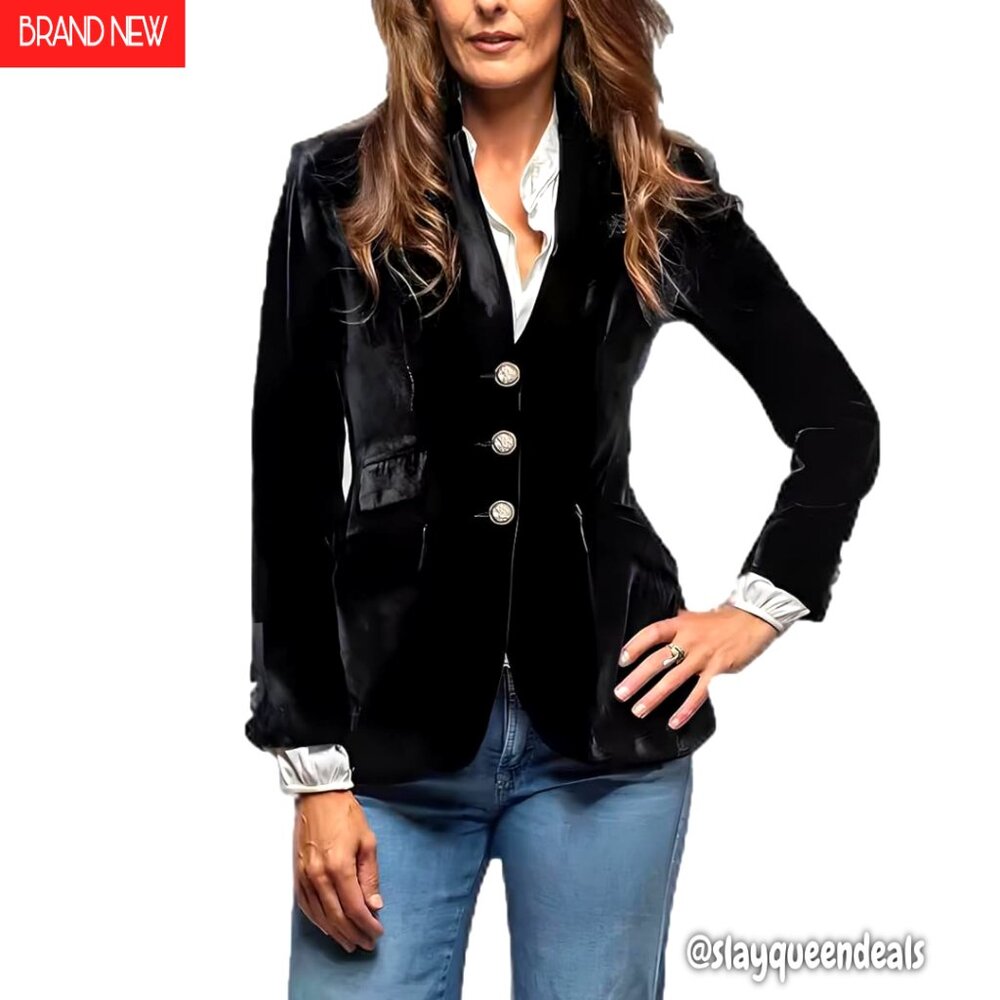 Vintage Velvet Blazer Slim Fit V-Neck Long Sleeves Slit Back Office Wear